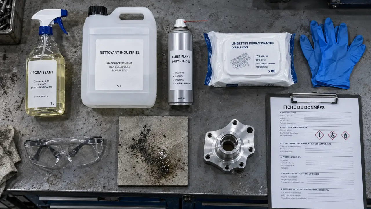 Produit industriel : dégraissant atelier, chimie selon salissure et support